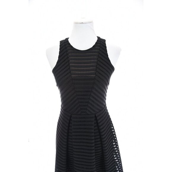 Belle Badgley Mischka Pleated Fit and Flare Black Crochet Mesh Stripe Dress Sz 2 - Picture 3 of 9